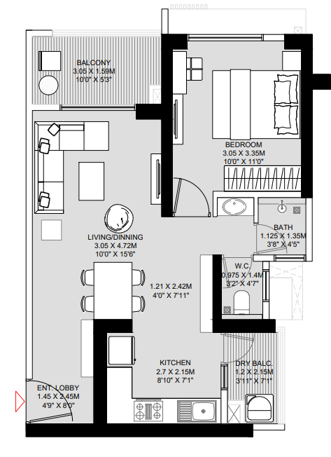 2 BHK floor plan preview