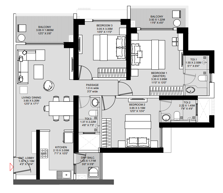 3 BHK floor plan preview